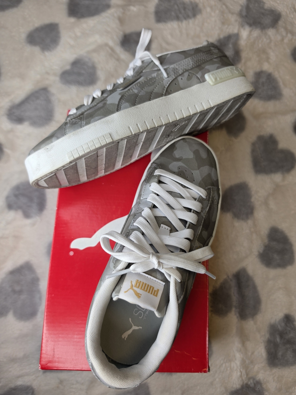 Puma Gray Camo Low-Top Sneakers with Gold Tongue Logo